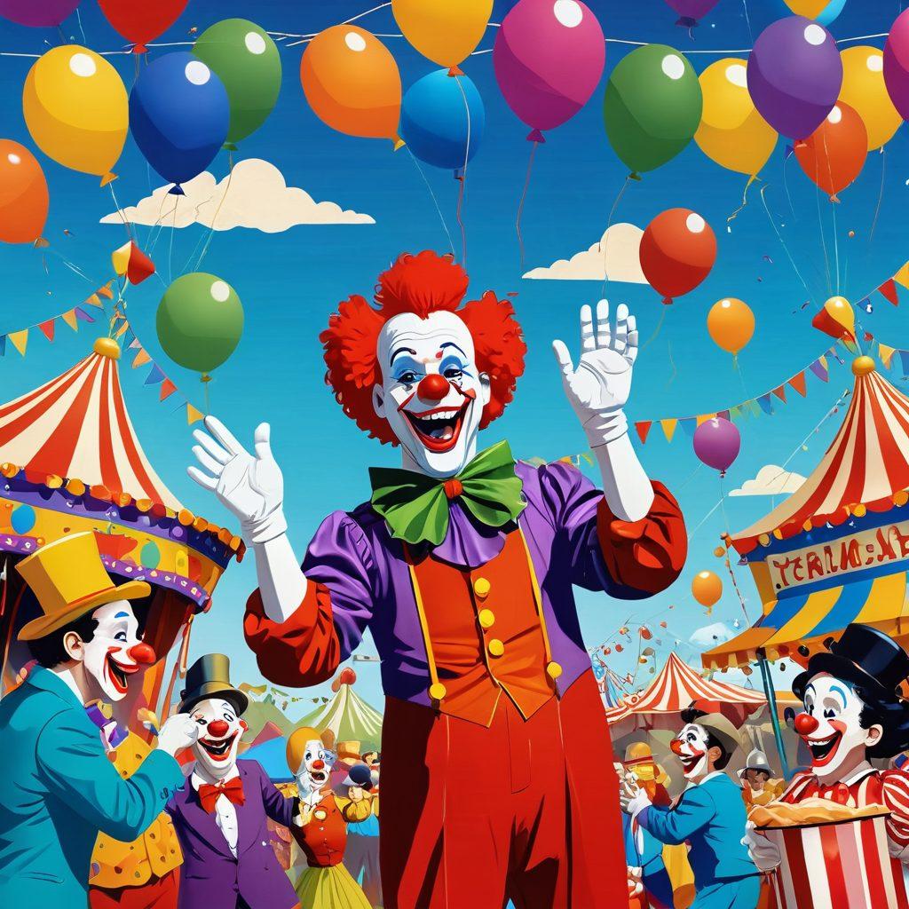 A colorful and whimsical carnival scene featuring a clown juggling comically oversized objects, with cheerful characters laughing in the background. Incorporate elements of playful spoofs like a pie-throwing contest and lighthearted roasts in speech bubbles above the characters. The atmosphere should be lively and humorous, capturing the essence of fun and amusement. vibrant colors. cartoon style. festooned background.