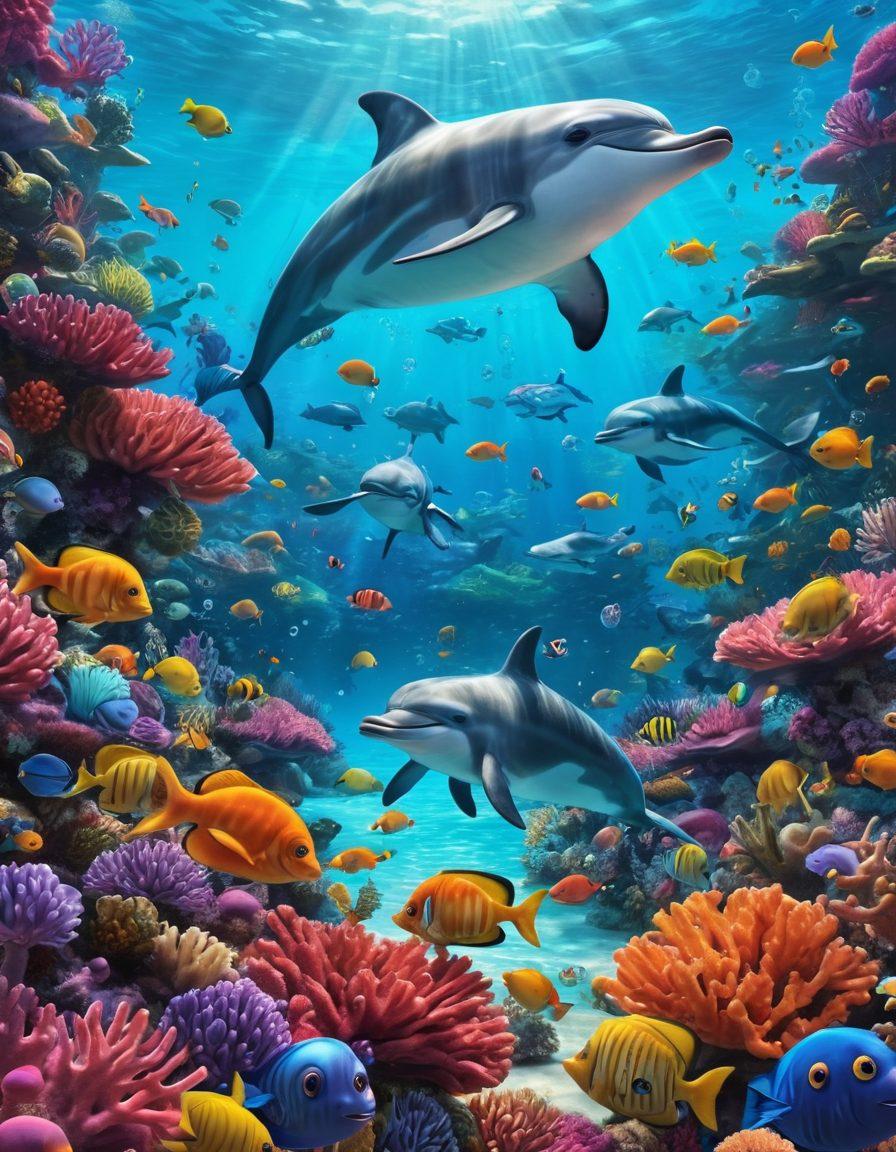 A whimsical underwater scene featuring colorful sea creatures, like playful dolphins and laughing fish, engaged in humorous antics. Above them, bubbles rise with cartoon-character faces peeking out, radiating joy and laughter. The background should be a vibrant coral reef pulsing with animated colors and quirky shapes, inviting the viewer into this joyful ocean of comedy. super-realistic. vibrant colors. 3D.