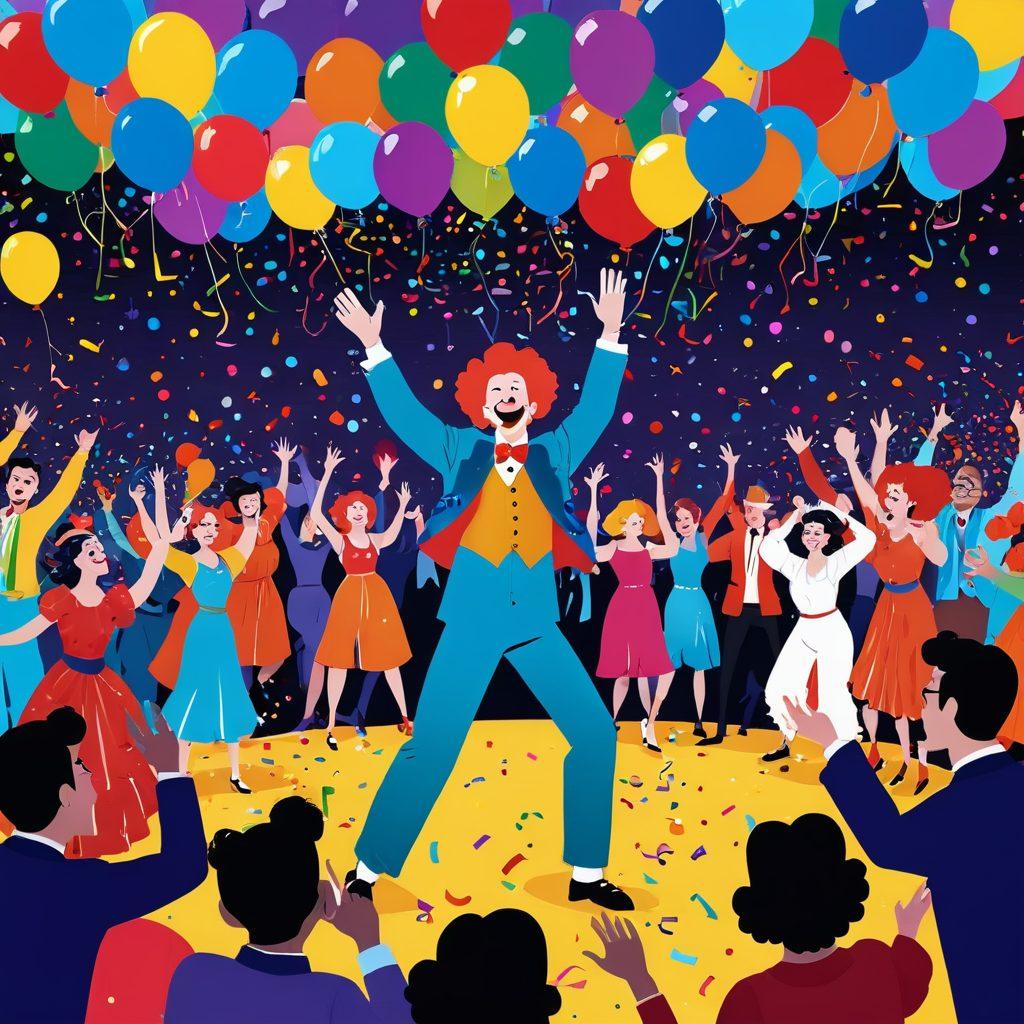 A lively scene featuring a colorful stage with performers in hilarious costumes, one juggling oversized props while another executes a silly dance. The audience in the foreground is laughing joyfully with exaggerated expressions of delight. Balloons and confetti fill the air, creating a whimsical atmosphere. Brightly colored lighting enhances the playful mood. cartoon style. vibrant colors.